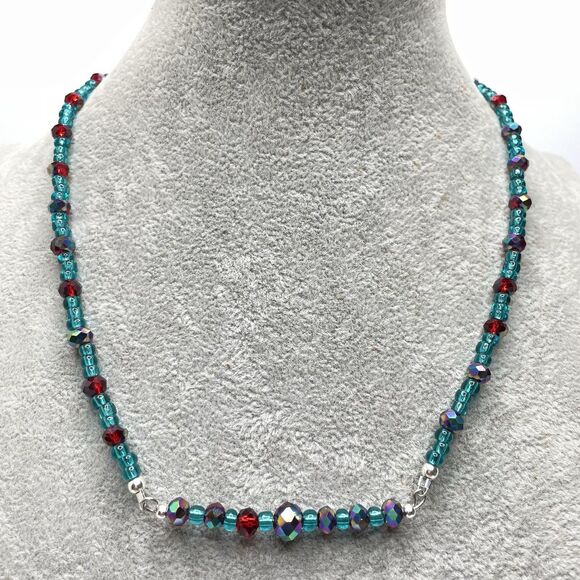 Stunning Red AB Crystal Teal Blue Glass Seed Bead Bar Necklace Earrings Set - Picture 3 of 9